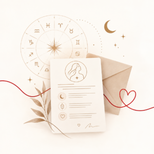 Asmeninio astrologinio talismano parinkimo iliustracija su astrologiniais simboliais ir laišku