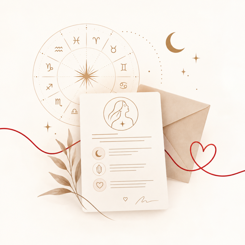 Asmeninis raudono siūlo talismano parinkimas Asmeninio astrologinio talismano parinkimo iliustracija su astrologiniais simboliais ir laišku